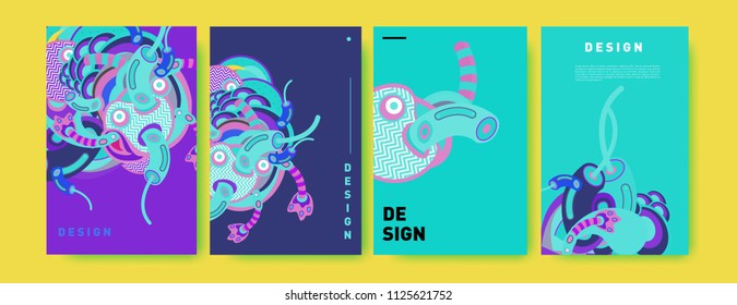Abstract colorful collage poster design template. doodle illustration and fluid cover design. Blue, yellow, red, orange, pink and green. Vector banner poster template in Eps10.