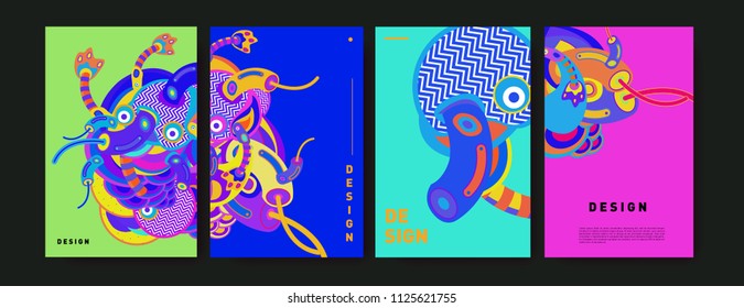 Abstract colorful collage poster design template. doodle illustration and fluid cover design. Blue, yellow, red, orange, pink and green. Vector banner poster template in Eps10.