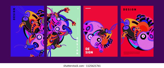 Abstract colorful collage poster design template. doodle illustration and fluid cover design. Blue, yellow, red, orange, pink and green. Vector banner poster template in Eps10.