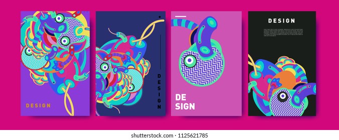 Abstract colorful collage poster design template. doodle illustration and fluid cover design. Blue, yellow, red, orange, pink and green. Vector banner poster template in Eps10.