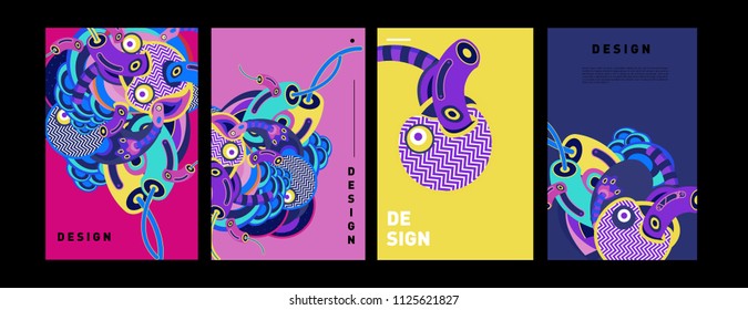 Abstract colorful collage poster design template. doodle illustration and fluid cover design. Blue, yellow, red, orange, pink and green. Vector banner poster template in Eps10.