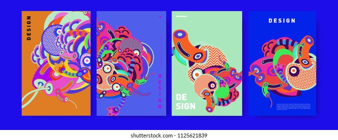 Abstract colorful collage poster design template. doodle illustration and fluid cover design. Blue, yellow, red, orange, pink and green. Vector banner poster template in Eps10.