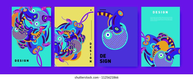 Abstract colorful collage poster design template. doodle illustration and fluid cover design. Blue, yellow, red, orange, pink and green. Vector banner poster template in Eps10.