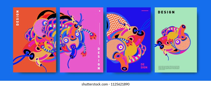 Abstract colorful collage poster design template. doodle illustration and fluid cover design. Blue, yellow, red, orange, pink and green. Vector banner poster template in Eps10.