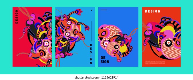 Abstract colorful collage poster design template. doodle illustration and fluid cover design. Blue, yellow, red, orange, pink and green. Vector banner poster template in Eps10.