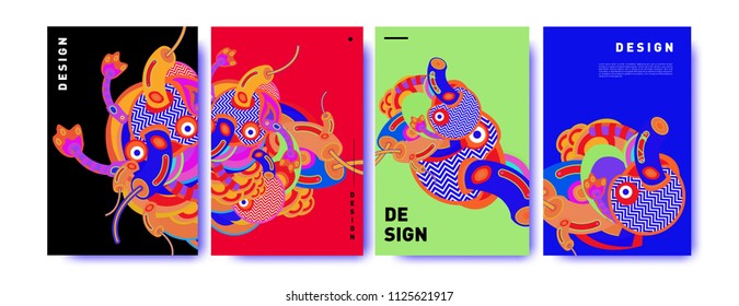 Abstract colorful collage poster design template. doodle illustration and fluid cover design. Blue, yellow, red, orange, pink and green. Vector banner poster template in Eps10.