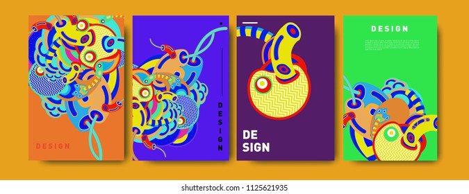 Abstract colorful collage poster design template. doodle illustration and fluid cover design. Blue, yellow, red, orange, pink and green. Vector banner poster template in Eps10.