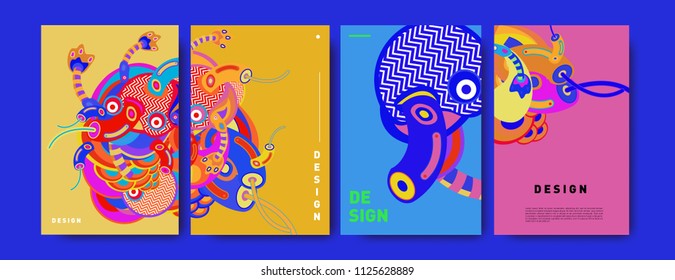Abstract colorful collage poster design template. doodle illustration and fluid cover design. Blue, yellow, red, orange, pink and green. Vector banner poster template in Eps10.
