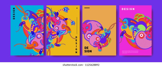 Abstract colorful collage poster design template. doodle illustration and fluid cover design. Blue, yellow, red, orange, pink and green. Vector banner poster template in Eps10.