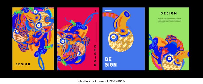 Abstract colorful collage poster design template. doodle illustration and fluid cover design. Blue, yellow, red, orange, pink and green. Vector banner poster template in Eps10.