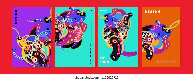 Abstract colorful collage poster design template. doodle illustration and fluid cover design. Blue, yellow, red, orange, pink and green. Vector banner poster template in Eps10.
