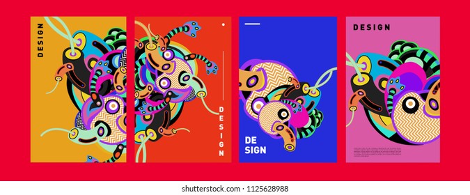 Abstract colorful collage poster design template. doodle illustration and fluid cover design. Blue, yellow, red, orange, pink and green. Vector banner poster template in Eps10.