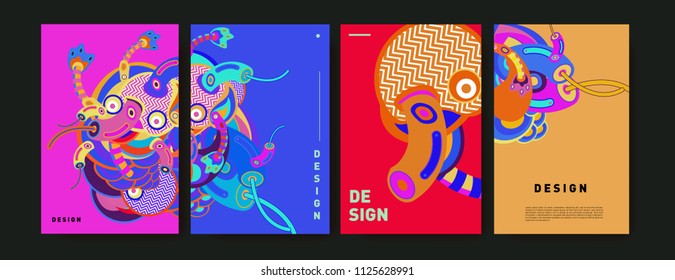 Abstract colorful collage poster design template. doodle illustration and fluid cover design. Blue, yellow, red, orange, pink and green. Vector banner poster template in Eps10.