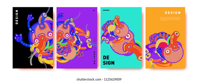 Abstract colorful collage poster design template. doodle illustration and fluid cover design. Blue, yellow, red, orange, pink and green. Vector banner poster template in Eps10.