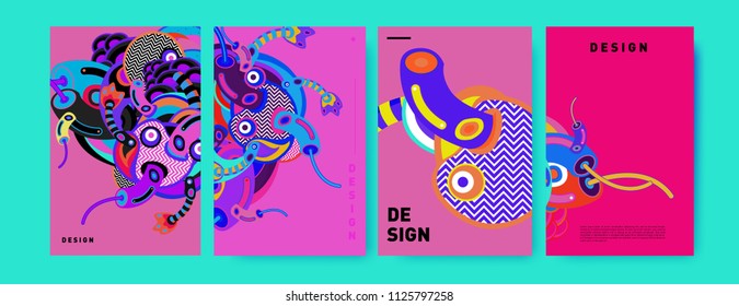 Abstract colorful collage poster design template. doodle illustration and fluid cover design. Blue, yellow, red, orange, pink and green. Vector banner poster template in Eps10.