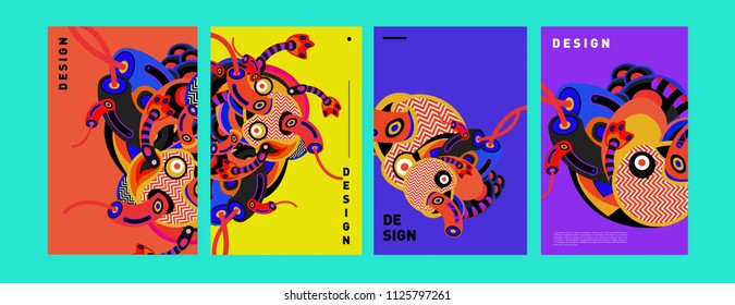 Abstract colorful collage poster design template. doodle illustration and fluid cover design. Blue, yellow, red, orange, pink and green. Vector banner poster template in Eps10.