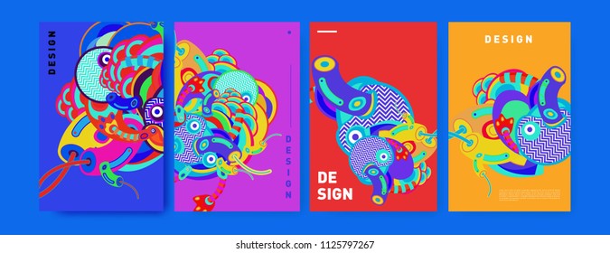 Abstract colorful collage poster design template. doodle illustration and fluid cover design. Blue, yellow, red, orange, pink and green. Vector banner poster template in Eps10.
