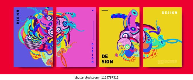 Abstract colorful collage poster design template. doodle illustration and fluid cover design. Blue, yellow, red, orange, pink and green. Vector banner poster template in Eps10.