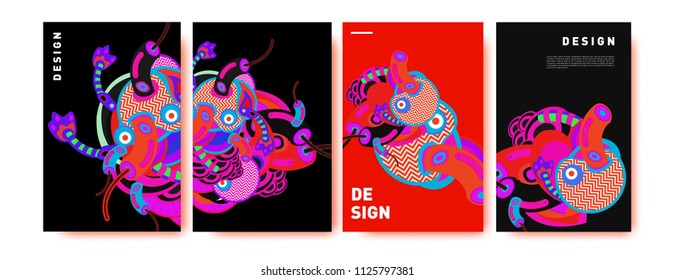 Abstract colorful collage poster design template. doodle illustration and fluid cover design. Blue, yellow, red, orange, pink and green. Vector banner poster template in Eps10.