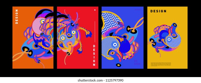 Abstract colorful collage poster design template. doodle illustration and fluid cover design. Blue, yellow, red, orange, pink and green. Vector banner poster template in Eps10.