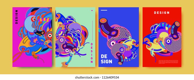Abstract colorful collage poster design template. doodle illustration and fluid cover design. Blue, yellow, red, orange, pink and green. Vector banner poster template in Eps10.