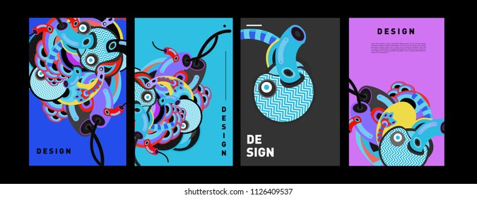 Abstract colorful collage poster design template. doodle illustration and fluid cover design. Blue, yellow, red, orange, pink and green. Vector banner poster template in Eps10.