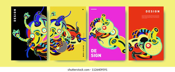 Abstract colorful collage poster design template. doodle illustration and fluid cover design. Blue, yellow, red, orange, pink and green. Vector banner poster template in Eps10.