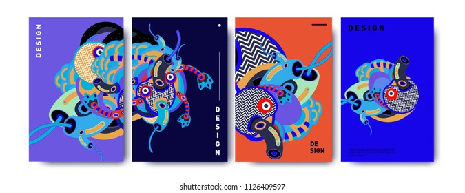 Abstract colorful collage poster design template. doodle illustration and fluid cover design. Blue, yellow, red, orange, pink and green. Vector banner poster template in Eps10.