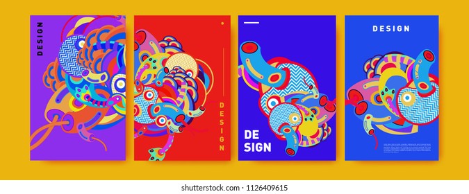 Abstract colorful collage poster design template. doodle illustration and fluid cover design. Blue, yellow, red, orange, pink and green. Vector banner poster template in Eps10.