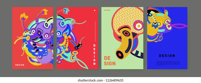 Abstract colorful collage poster design template. doodle illustration and fluid cover design. Blue, yellow, red, orange, pink and green. Vector banner poster template in Eps10.