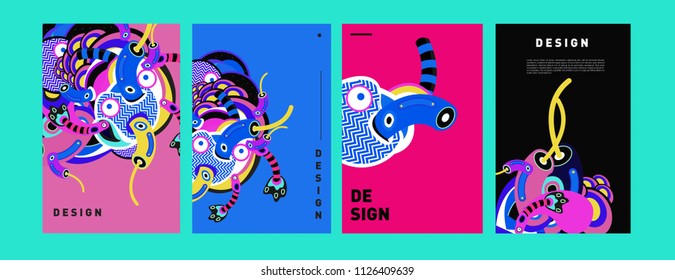 Abstract colorful collage poster design template. doodle illustration and fluid cover design. Blue, yellow, red, orange, pink and green. Vector banner poster template in Eps10.