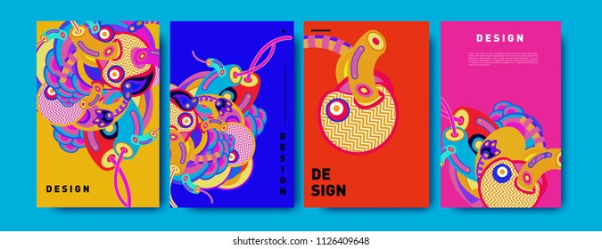 Abstract colorful collage poster design template. doodle illustration and fluid cover design. Blue, yellow, red, orange, pink and green. Vector banner poster template in Eps10.