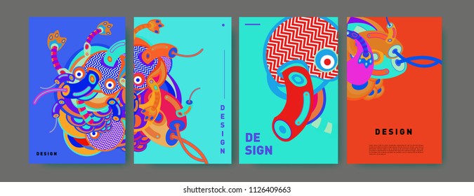 Abstract colorful collage poster design template. doodle illustration and fluid cover design. Blue, yellow, red, orange, pink and green. Vector banner poster template in Eps10.