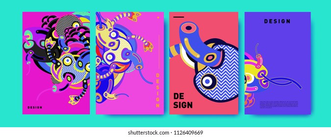 Abstract colorful collage poster design template. doodle illustration and fluid cover design. Blue, yellow, red, orange, pink and green. Vector banner poster template in Eps10.
