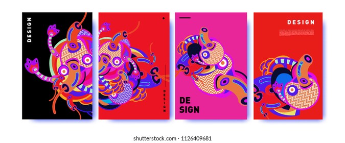 Abstract colorful collage poster design template. doodle illustration and fluid cover design. Blue, yellow, red, orange, pink and green. Vector banner poster template in Eps10.
