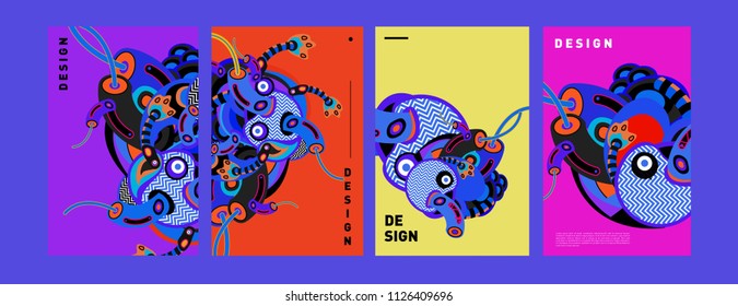 Abstract colorful collage poster design template. doodle illustration and fluid cover design. Blue, yellow, red, orange, pink and green. Vector banner poster template in Eps10.