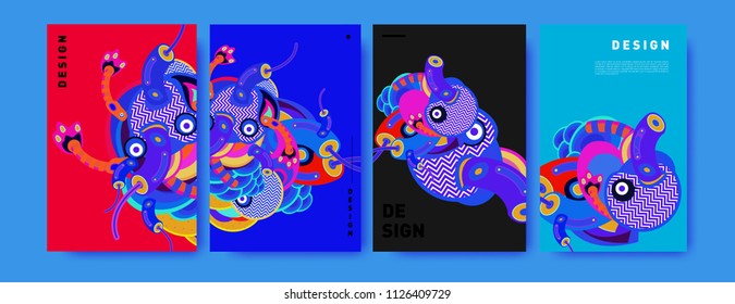 Abstract colorful collage poster design template. doodle illustration and fluid cover design. Blue, yellow, red, orange, pink and green. Vector banner poster template in Eps10.