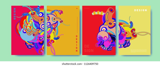 Abstract colorful collage poster design template. doodle illustration and fluid cover design. Blue, yellow, red, orange, pink and green. Vector banner poster template in Eps10.