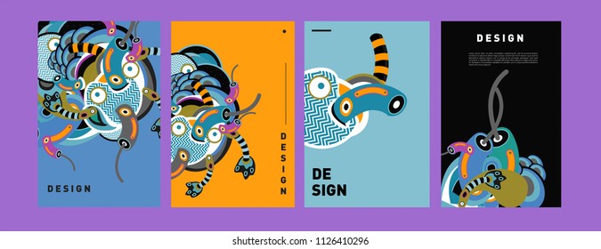 Abstract colorful collage poster design template. doodle illustration and fluid cover design. Blue, yellow, red, orange, pink and green. Vector banner poster template in Eps10.