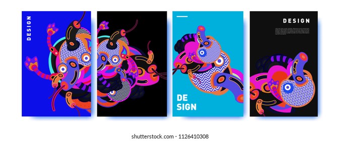 Abstract colorful collage poster design template. doodle illustration and fluid cover design. Blue, yellow, red, orange, pink and green. Vector banner poster template in Eps10.