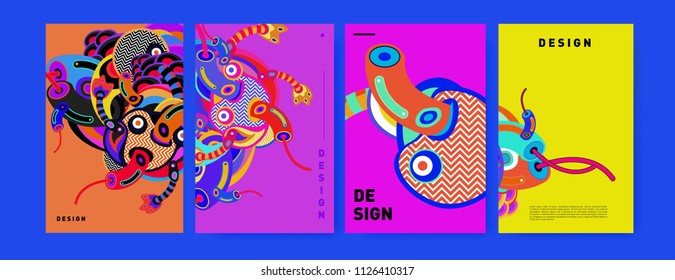 Abstract colorful collage poster design template. doodle illustration and fluid cover design. Blue, yellow, red, orange, pink and green. Vector banner poster template in Eps10.