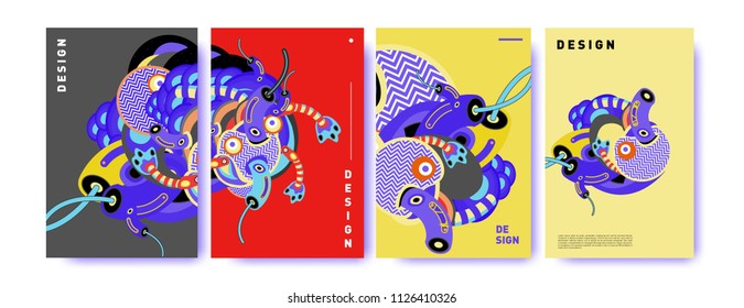 Abstract colorful collage poster design template. doodle illustration and fluid cover design. Blue, yellow, red, orange, pink and green. Vector banner poster template in Eps10.