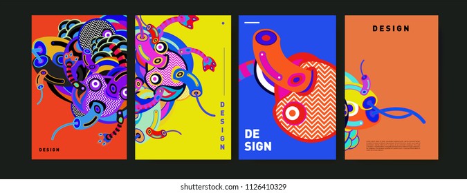 Abstract colorful collage poster design template. doodle illustration and fluid cover design. Blue, yellow, red, orange, pink and green. Vector banner poster template in Eps10.
