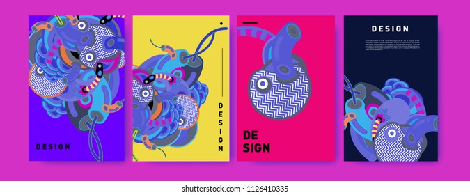 Abstract colorful collage poster design template. doodle illustration and fluid cover design. Blue, yellow, red, orange, pink and green. Vector banner poster template in Eps10.