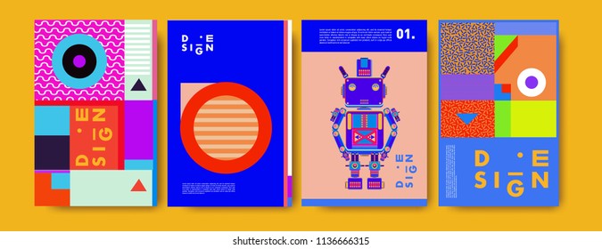Abstract colorful collage poster design template. Cool geometric and fluid cover design. Blue, yellow, red, orange, pink and green. Vector banner poster template in Eps10.