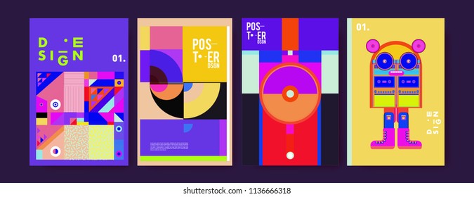 Abstract colorful collage poster design template. Cool geometric and fluid cover design. Blue, yellow, red, orange, pink and green. Vector banner poster template in Eps10.