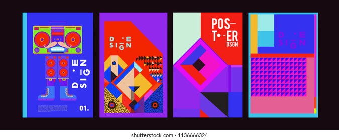 Abstract colorful collage poster design template. Cool geometric and fluid cover design. Blue, yellow, red, orange, pink and green. Vector banner poster template in Eps10.