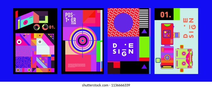 Abstract colorful collage poster design template. Cool geometric and fluid cover design. Blue, yellow, red, orange, pink and green. Vector banner poster template in Eps10.