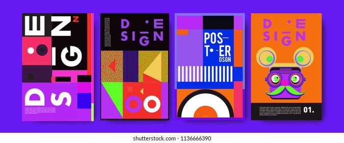 Abstract colorful collage poster design template. Cool geometric and fluid cover design. Blue, yellow, red, orange, pink and green. Vector banner poster template in Eps10.