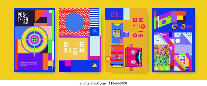 Abstract colorful collage poster design template. Cool geometric and fluid cover design. Blue, yellow, red, orange, pink and green. Vector banner poster template in Eps10.